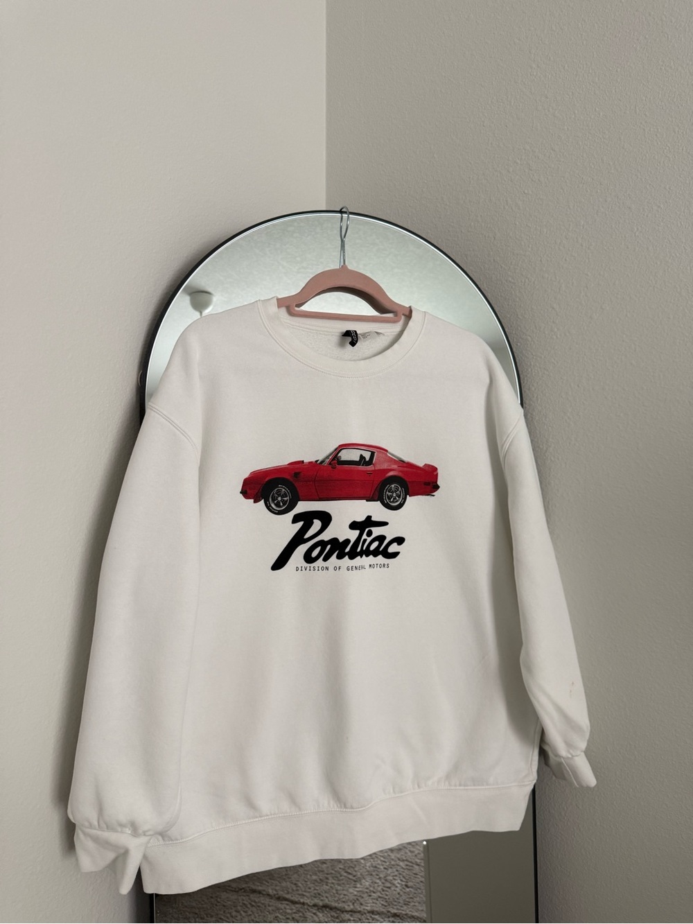 H&M White Crewneck Sweatshirt with Red Pontiac Car Graphic